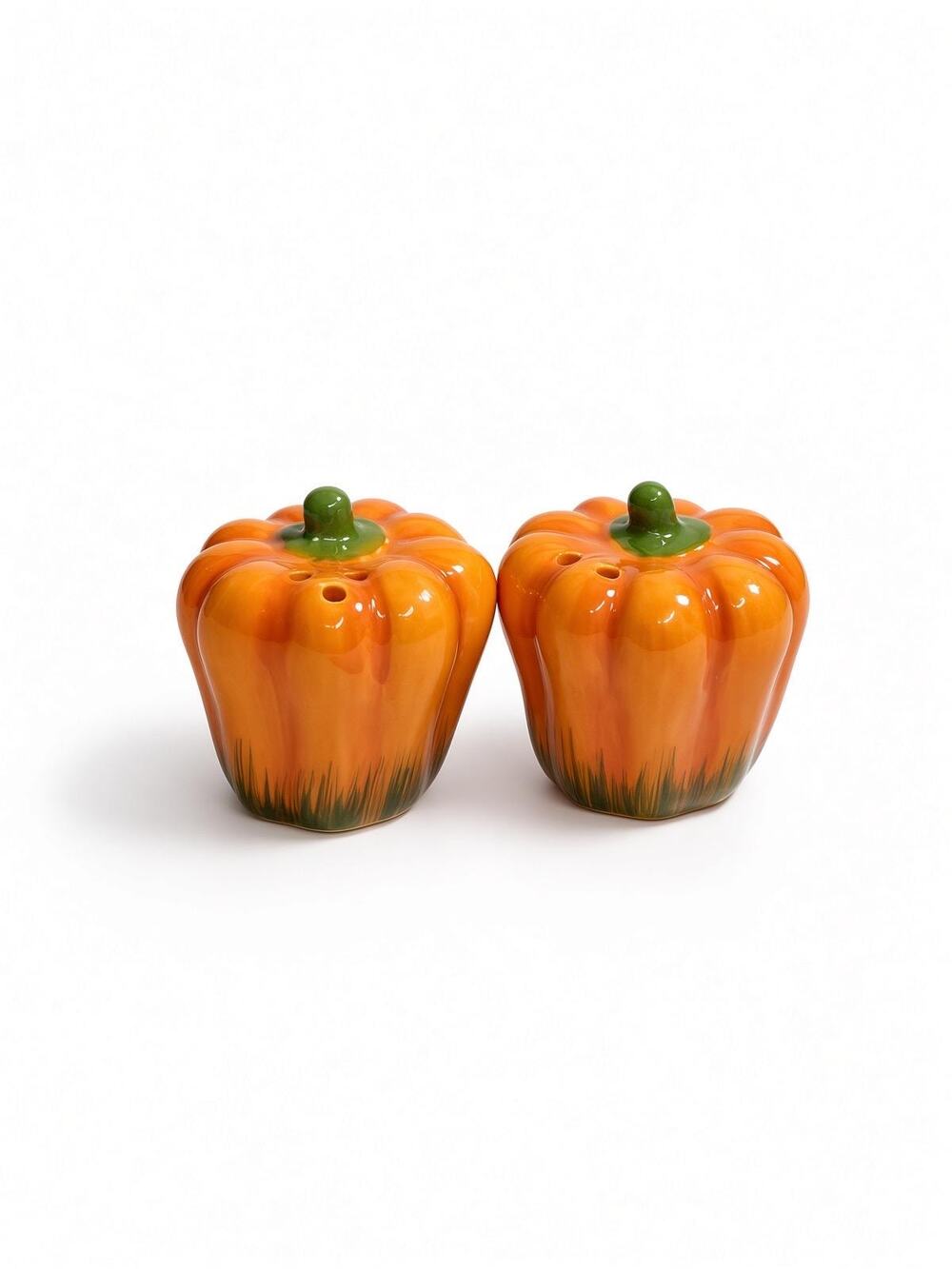 Vintage Ceramic Pumpkin Salt Pepper Shakers, Glossy Orange Fall Decor Pair